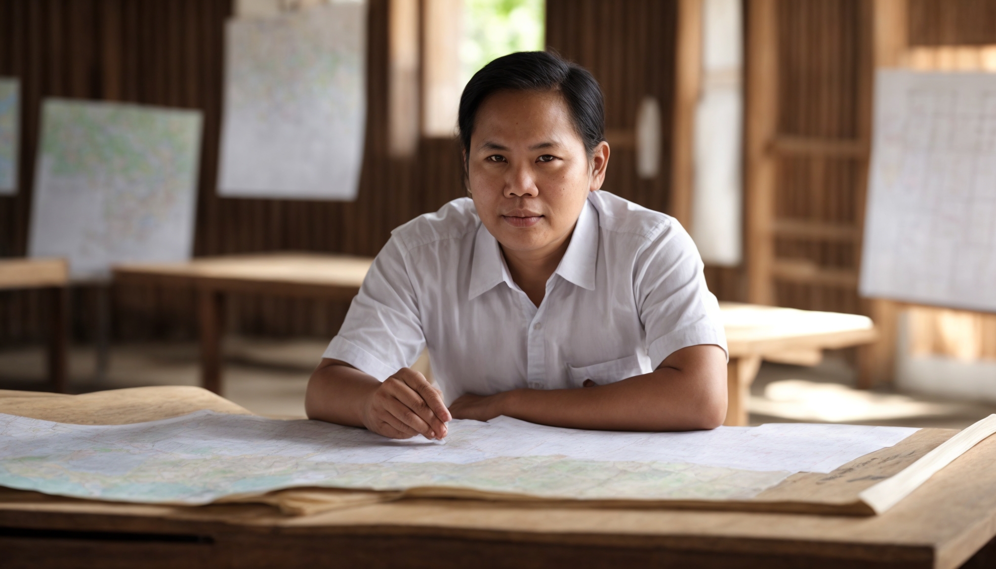 Community members in Asia-Pacific collaborating over resilience planning maps in a candid documentary-style setting