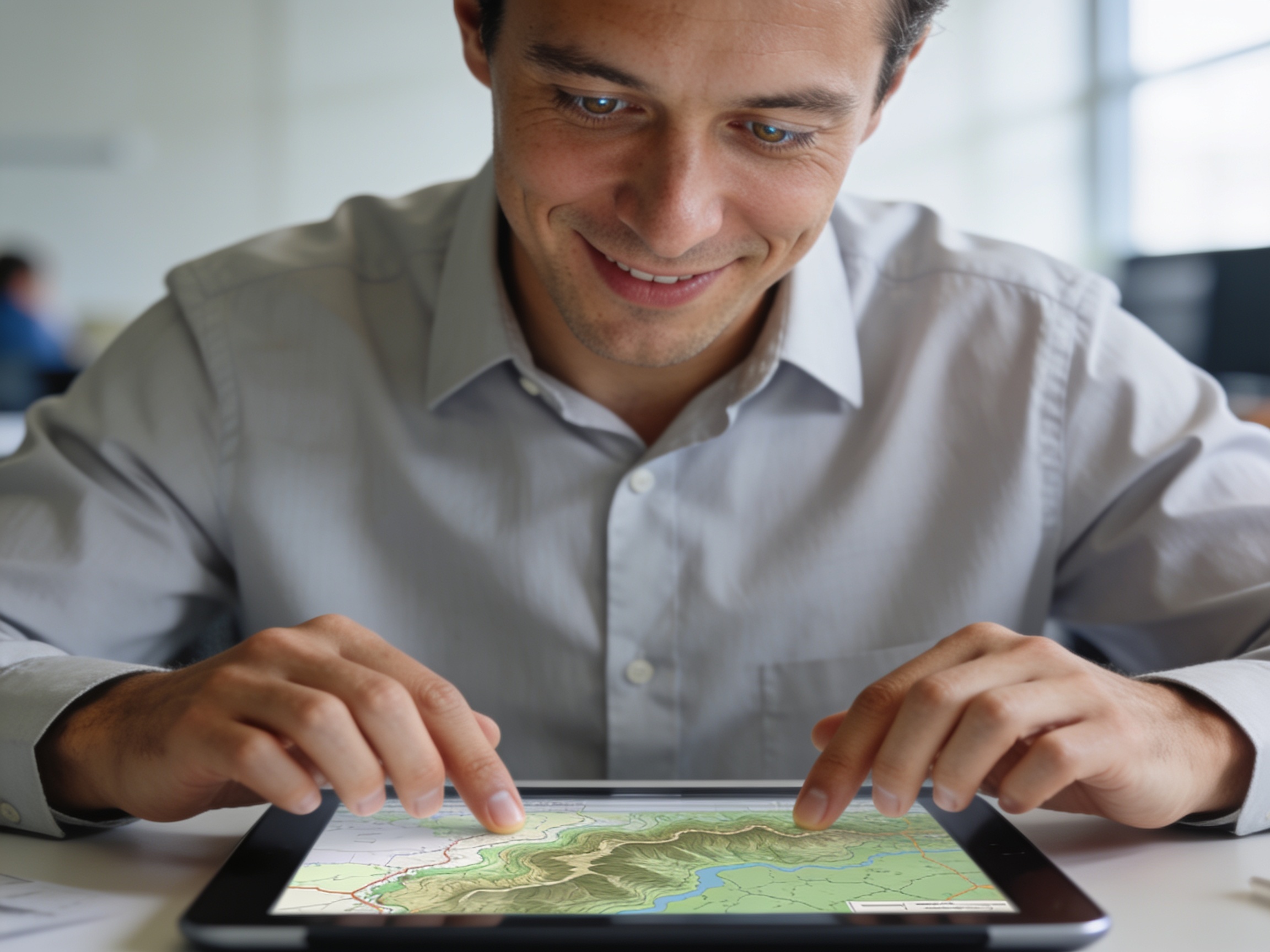 Environmental analyst reviewing digital maps on a tablet in a modern office setting.