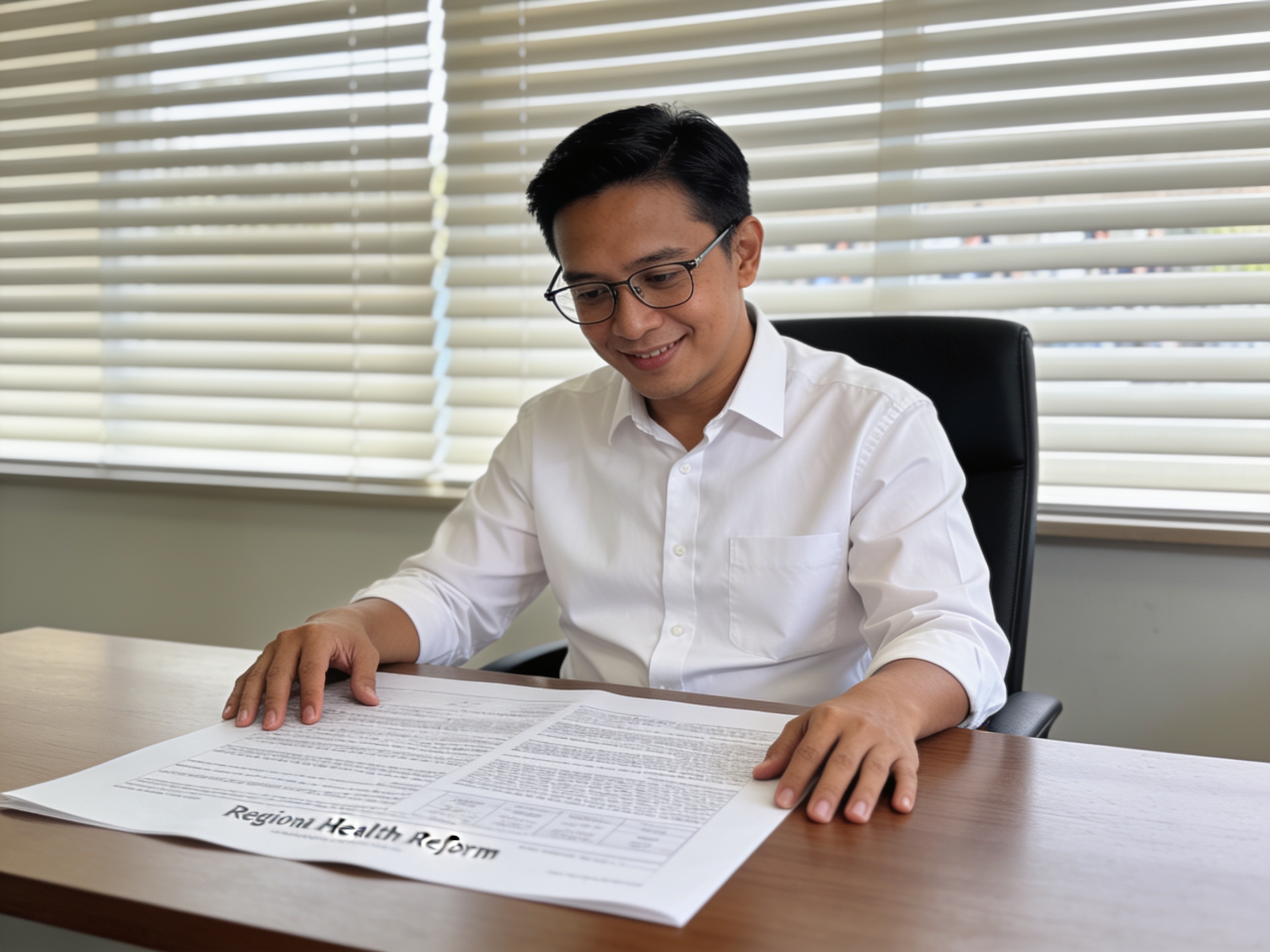 Health official reviewing Asia Pacific health resilience strategy document in office