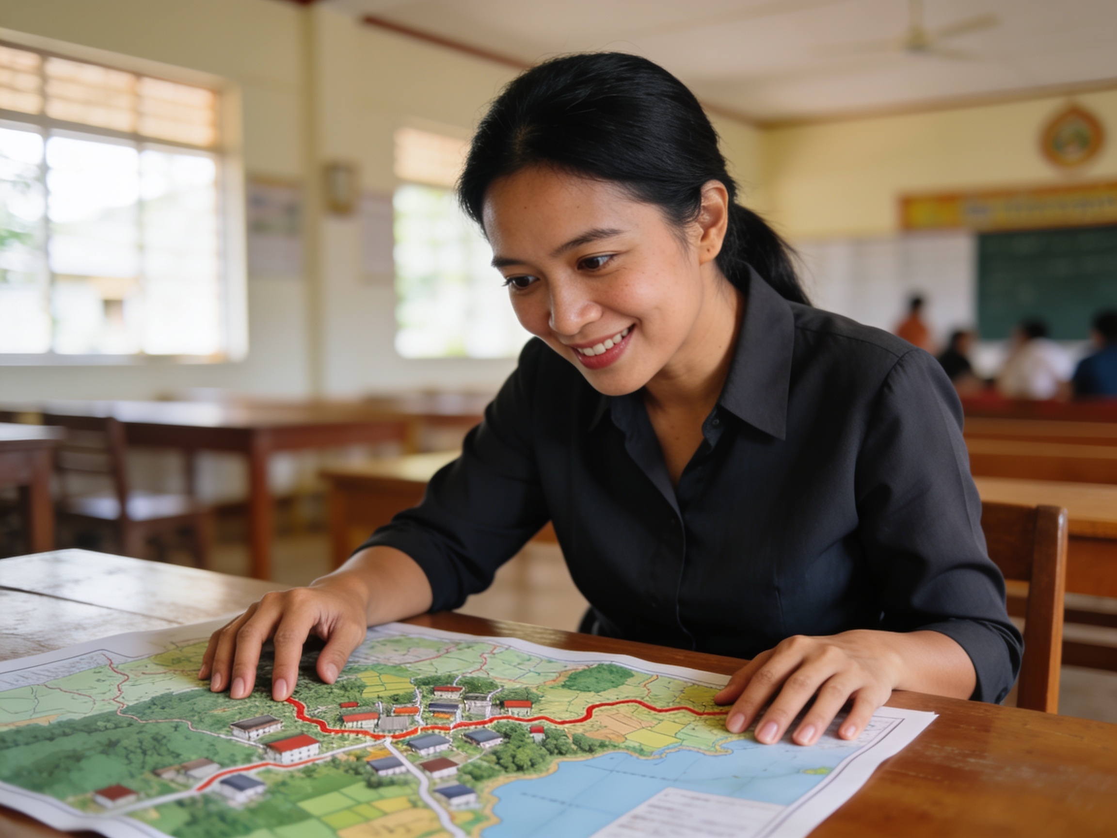 Community leader reviewing plans for community development strategies Asia-Pacific