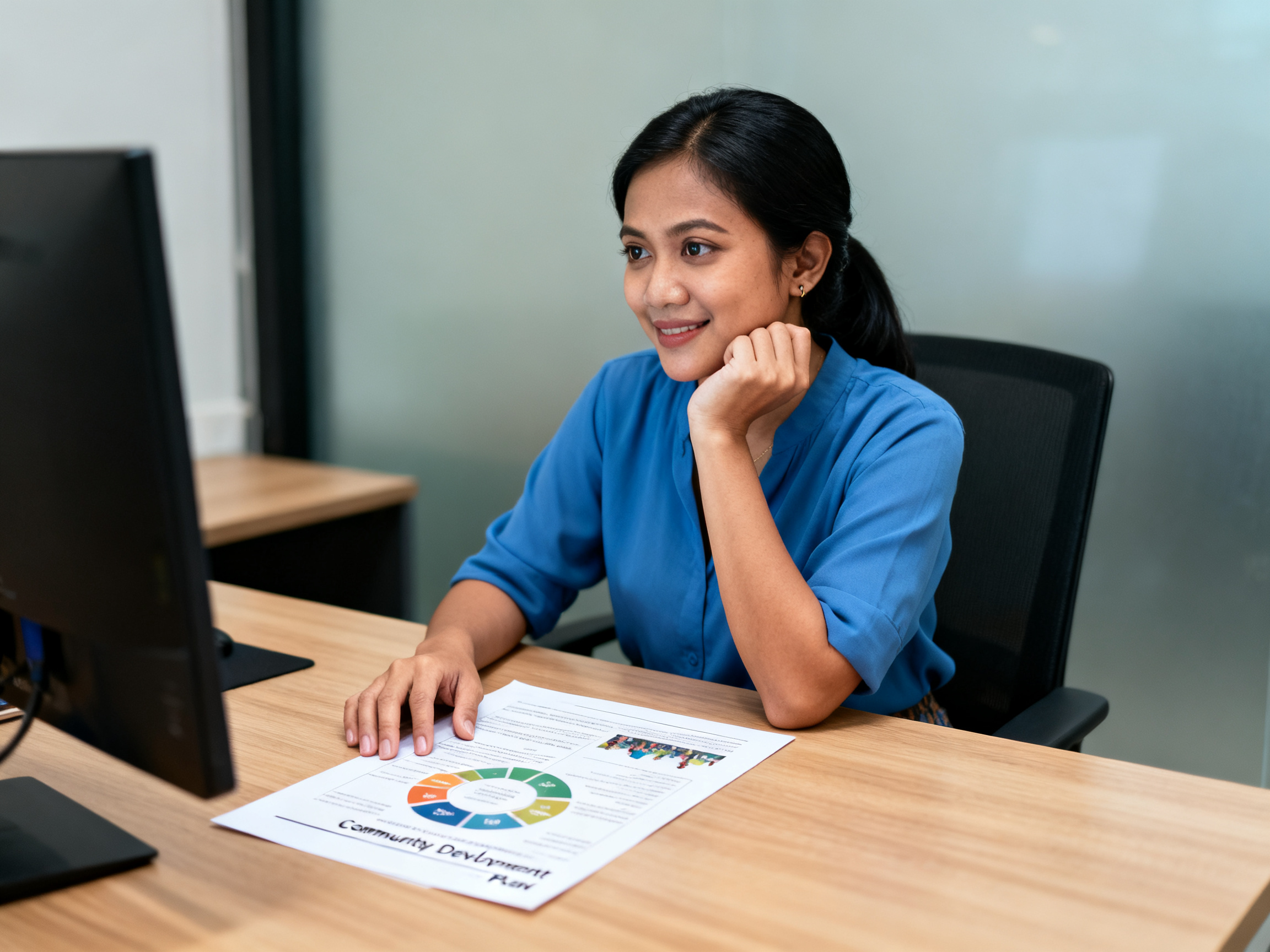 Community empowerment sustainable development illustrated by Indonesian woman reviewing local development plan